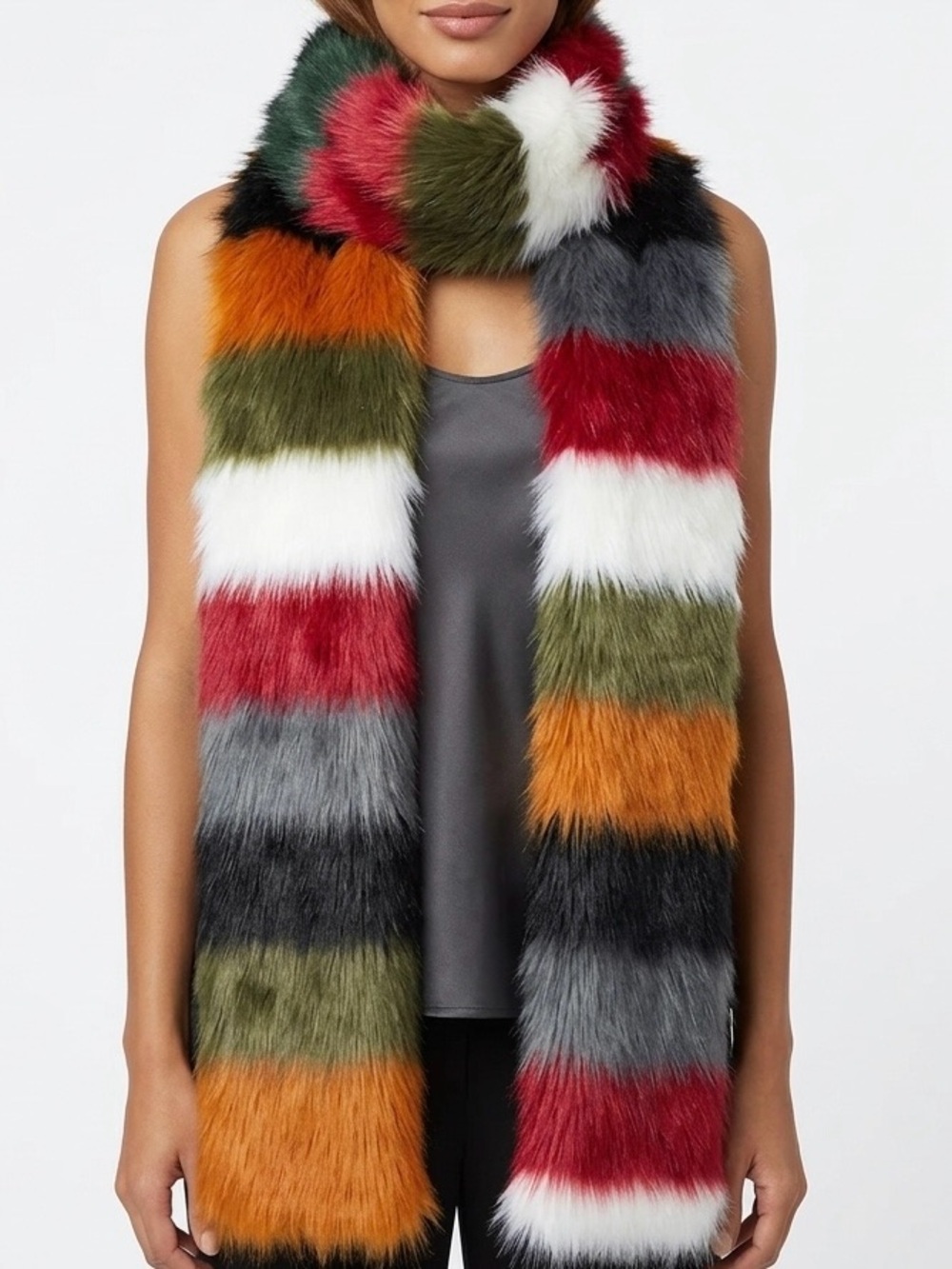 Handmade Red Orange Gray Green Multi Stripe Long Vibrant Scarves Faux Fur Scarf